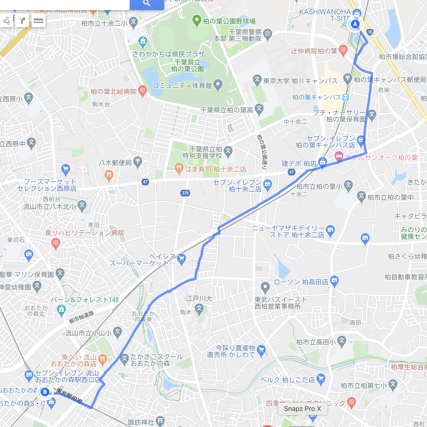 Googleマイマップ TX沿線ポタリング：柏の葉 Tサイト → おおたかの森S・C：自動で描かれたルート